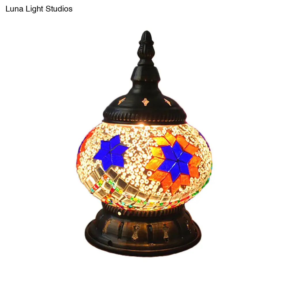 Traditional Red/Orange/Light Blue Stained Glass Nightstand Lamp for Bedroom