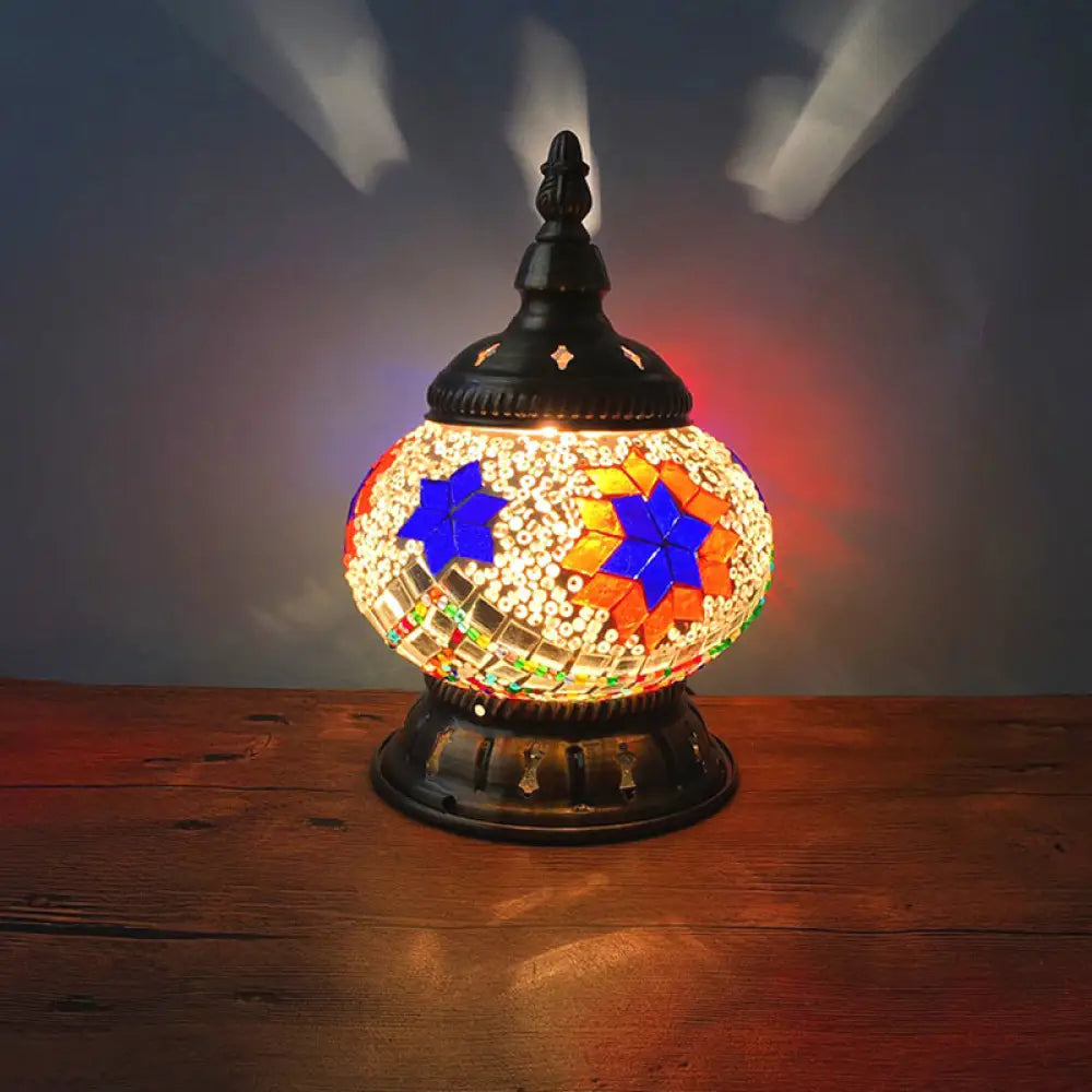 Traditional Red/Orange/Light Blue Stained Glass Nightstand Lamp for Bedroom