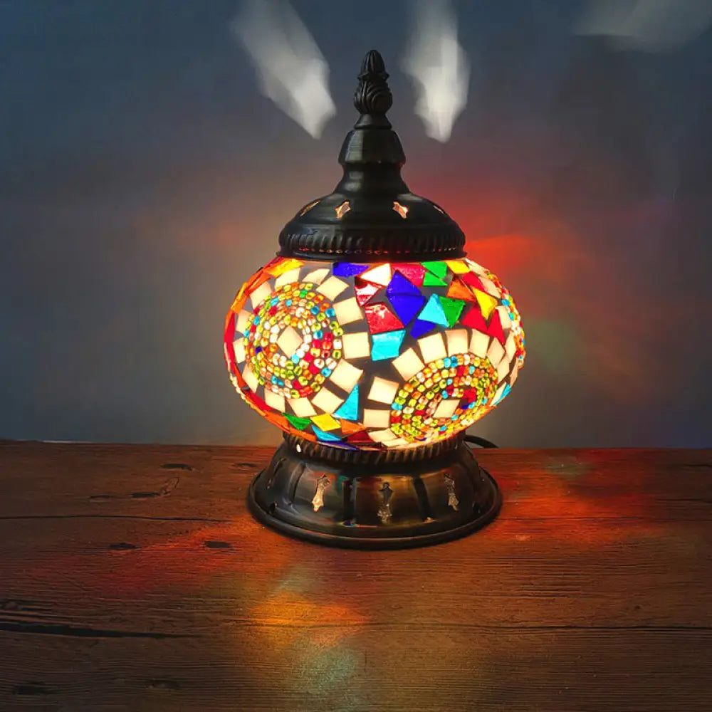 Traditional Red/Orange/Light Blue Stained Glass Nightstand Lamp for Bedroom