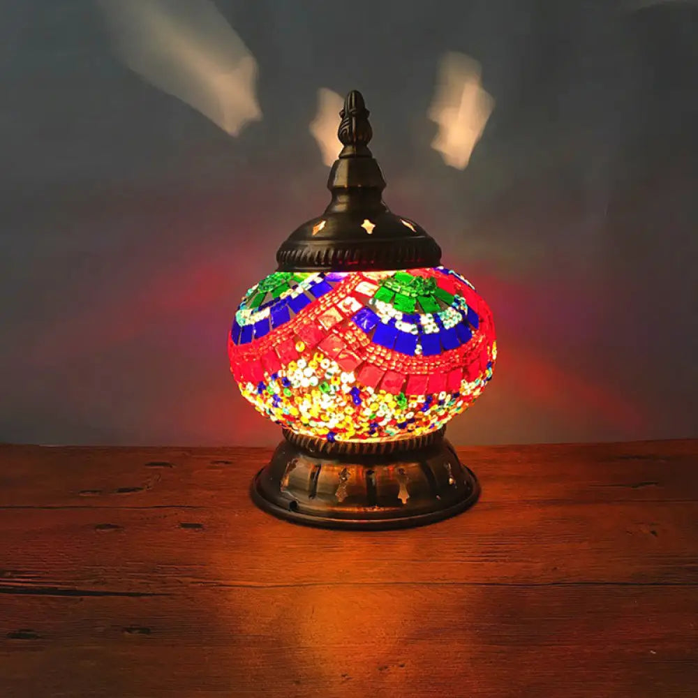 Traditional Red/Orange/Light Blue Stained Glass Nightstand Lamp for Bedroom