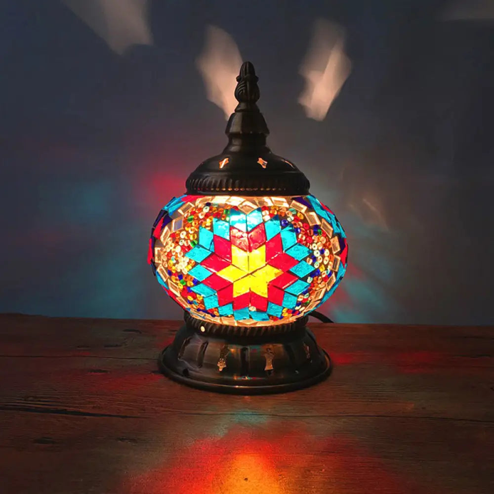 Traditional Red/Orange/Light Blue Stained Glass Nightstand Lamp for Bedroom