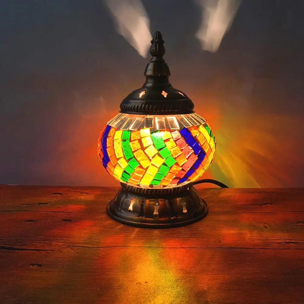 Traditional Red/Orange/Light Blue Stained Glass Nightstand Lamp for Bedroom