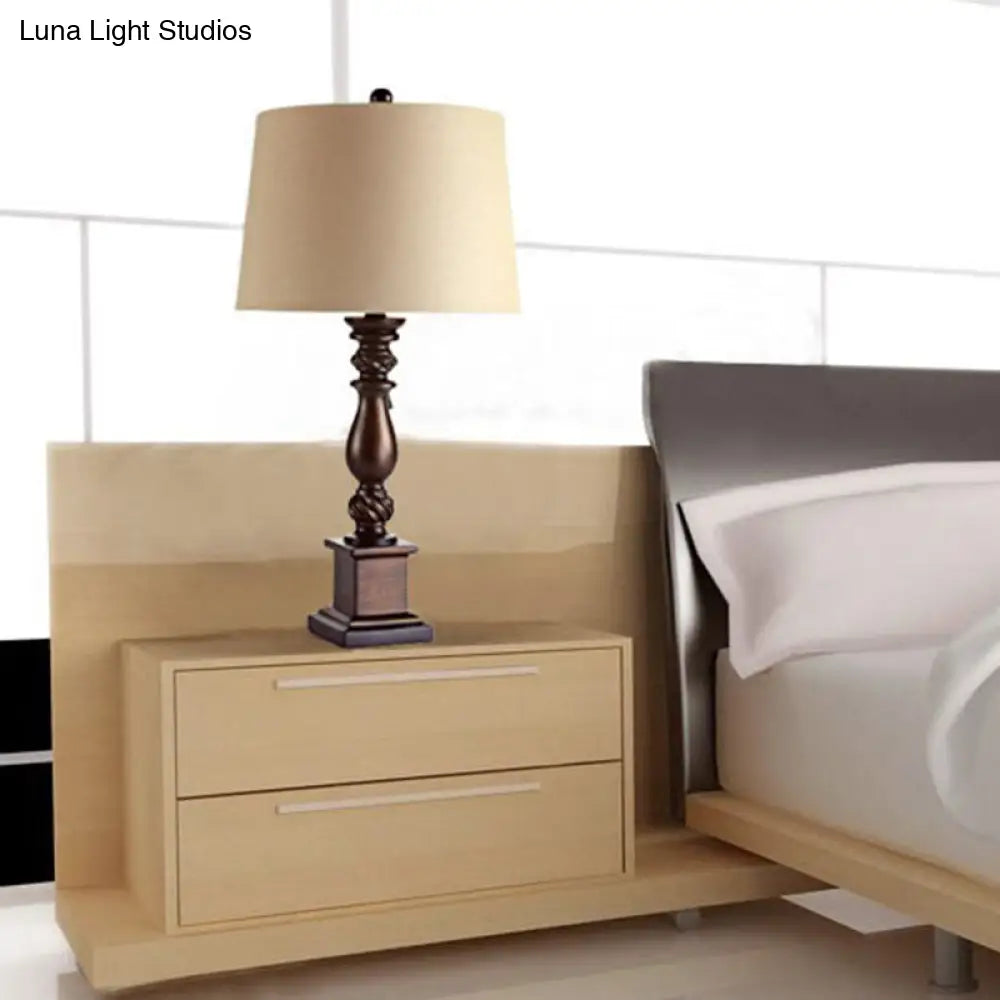 Traditional Resin Baluster Chamber Night Lamp with Beige Drum Lampshade