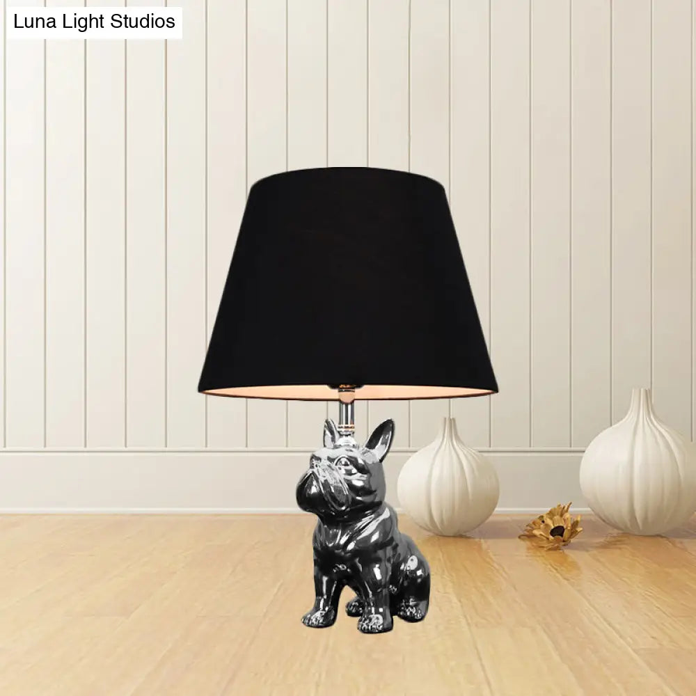 Traditional Resin Dog Nightstand Lamp for Bedroom - Silver/Gold, 1 Head, Conical Fabric Shade