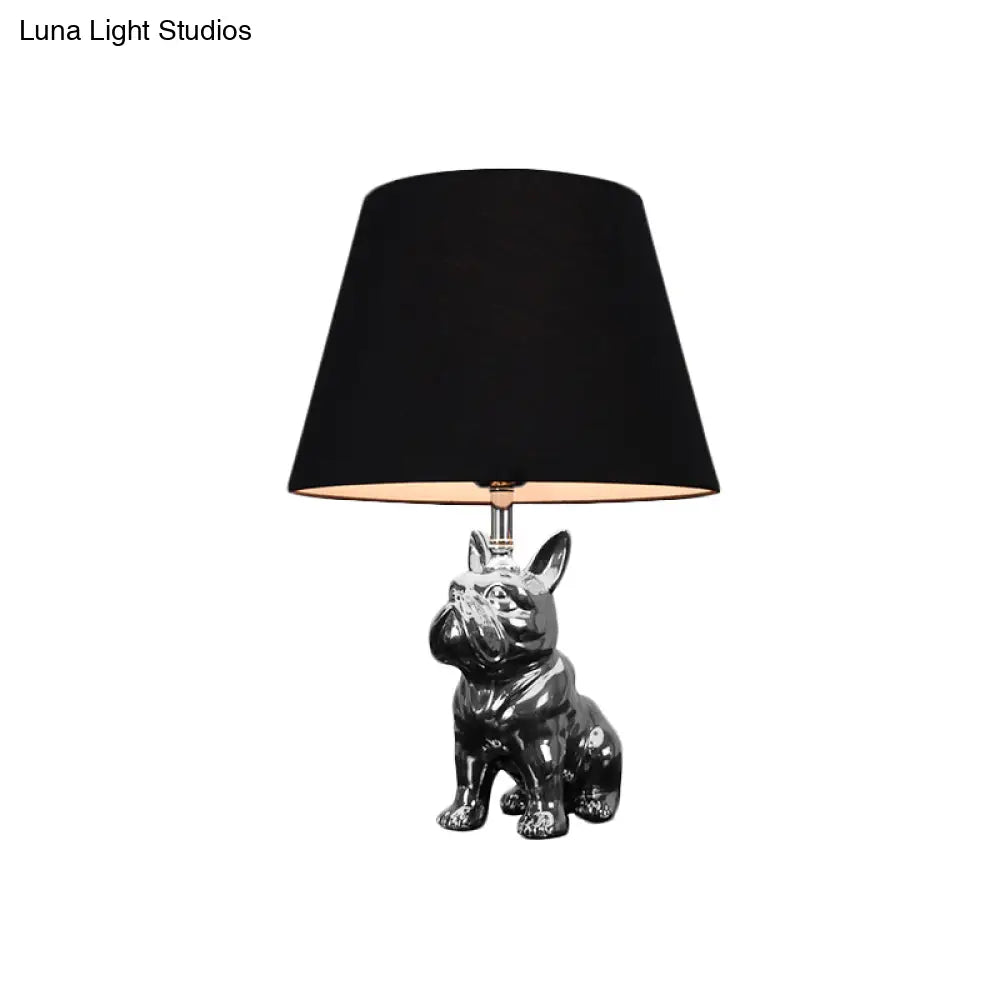 Traditional Resin Dog Nightstand Lamp for Bedroom - Silver/Gold, 1 Head, Conical Fabric Shade