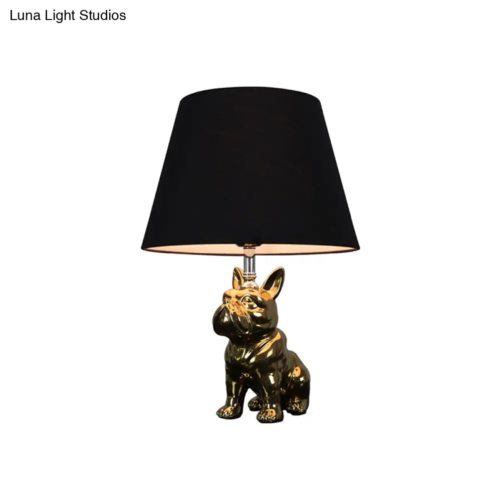 Traditional Resin Dog Nightstand Lamp for Bedroom - Silver/Gold, 1 Head, Conical Fabric Shade
