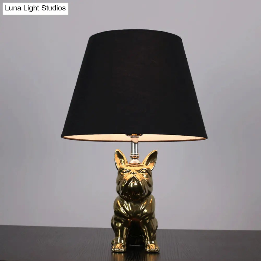 Traditional Resin Dog Nightstand Lamp for Bedroom - Silver/Gold, 1 Head, Conical Fabric Shade