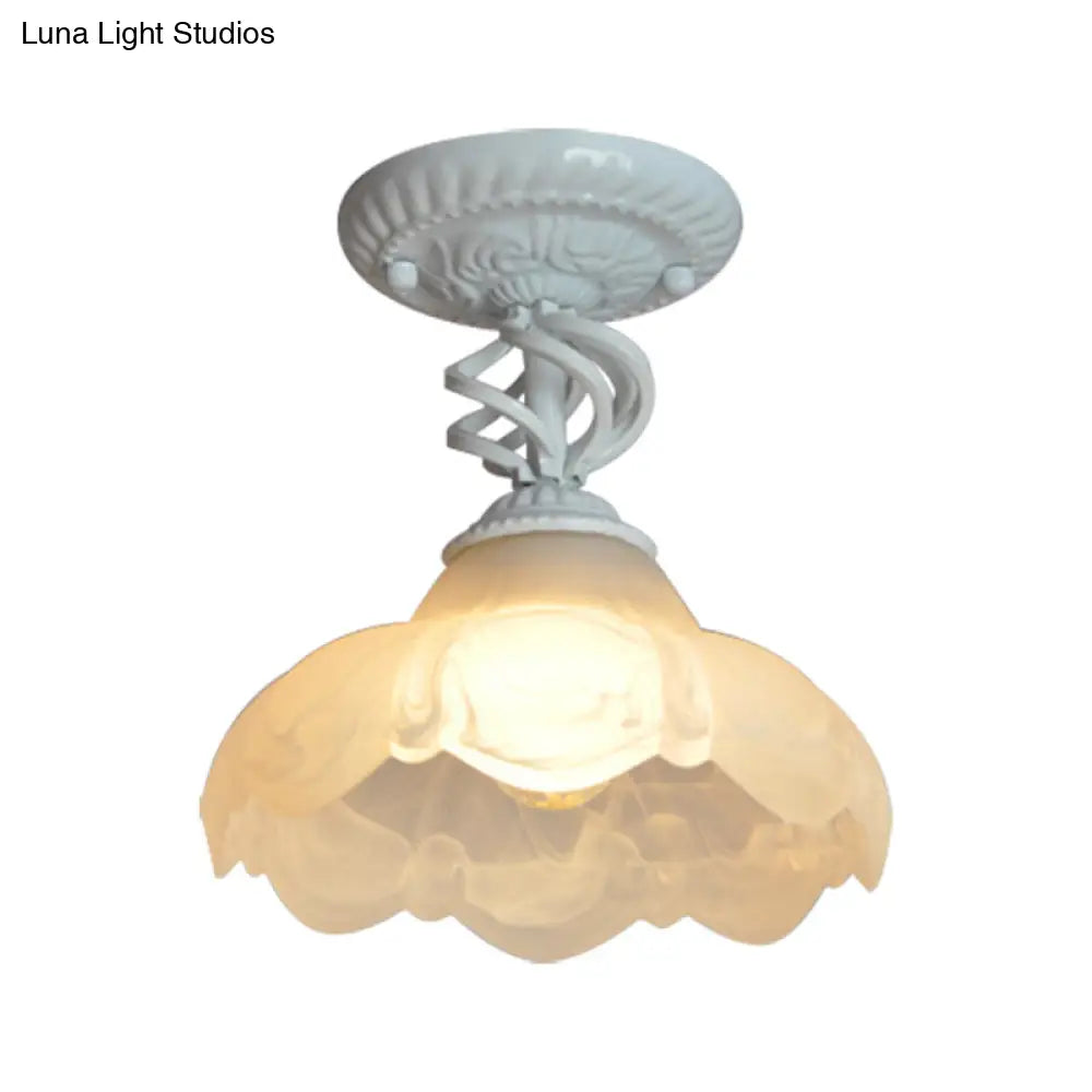 Traditional Scalloped Frosted Glass 1-Light Semi Flush Mount Ceiling Light in Black/White for Bedroom