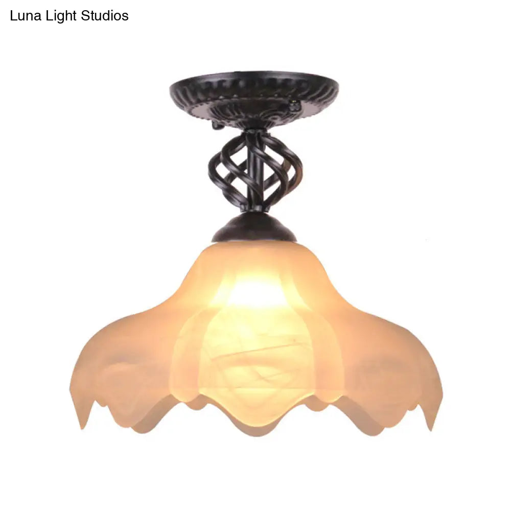 Traditional Scalloped Frosted Glass 1-Light Semi Flush Mount Ceiling Light in Black/White for Bedroom