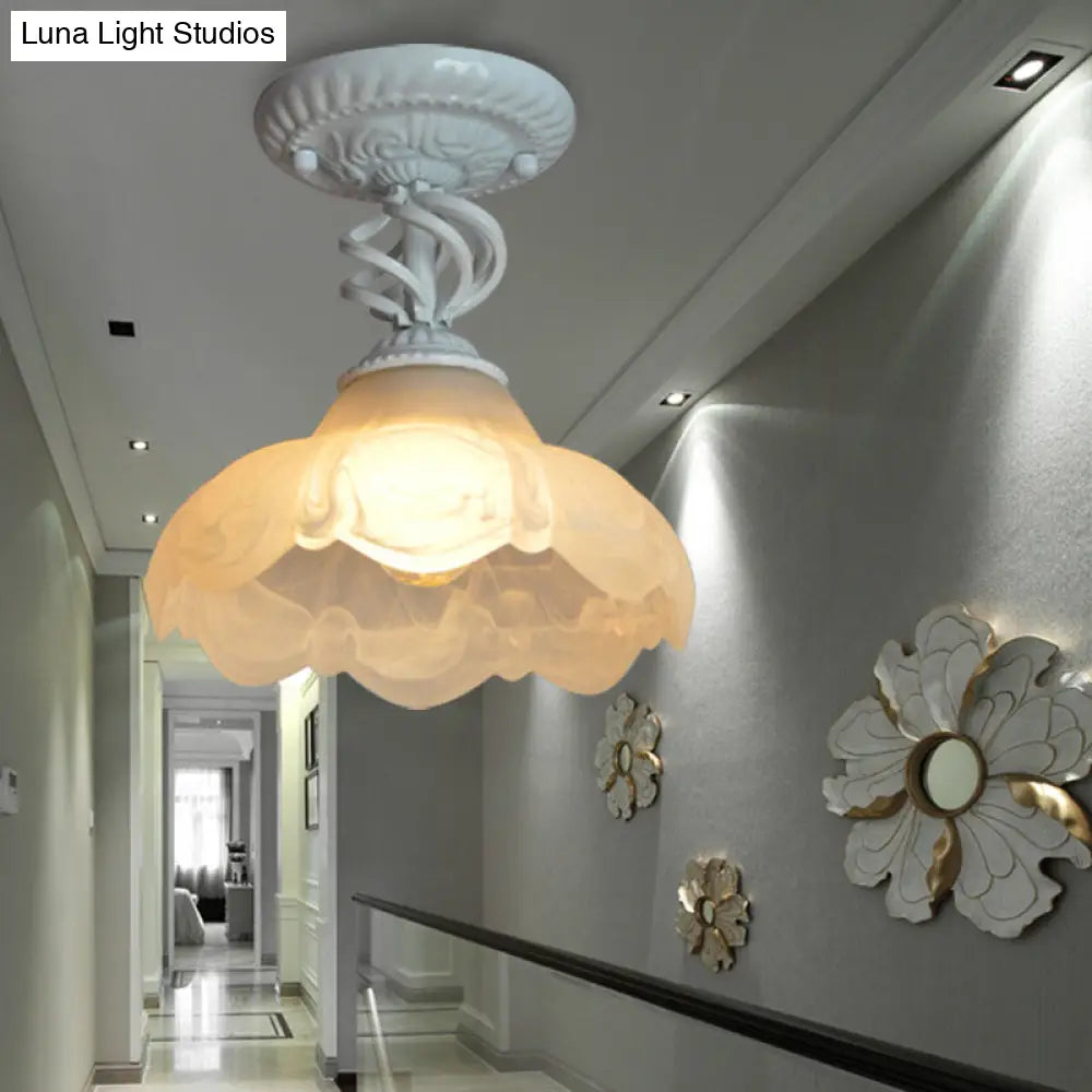 Traditional Scalloped Frosted Glass 1-Light Semi Flush Mount Ceiling Light in Black/White for Bedroom