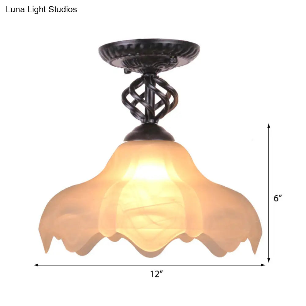 Traditional Scalloped Frosted Glass 1-Light Semi Flush Mount Ceiling Light in Black/White for Bedroom