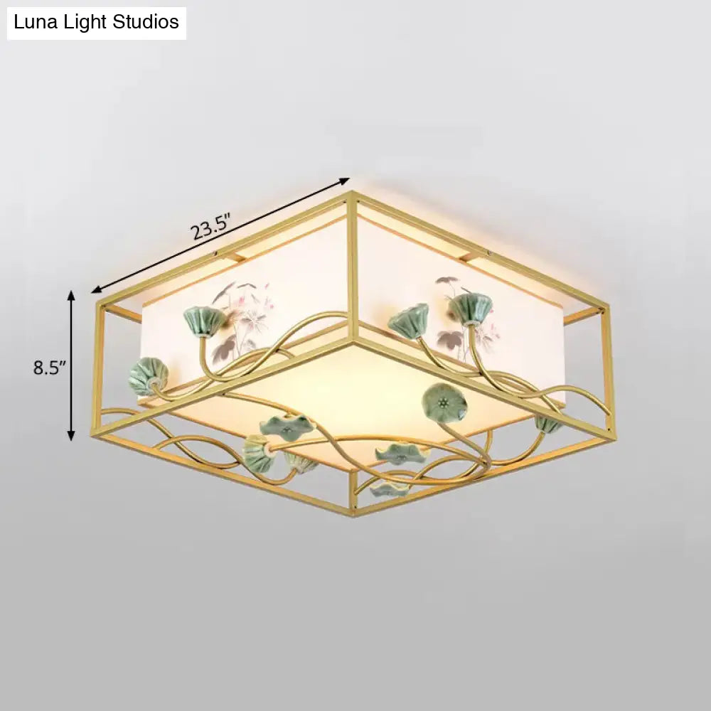Traditional Square Fabric Flush Mount Lighting - 19.5"/23.5" Wide, 5 Lights - Bedroom Ceiling Fixture in White