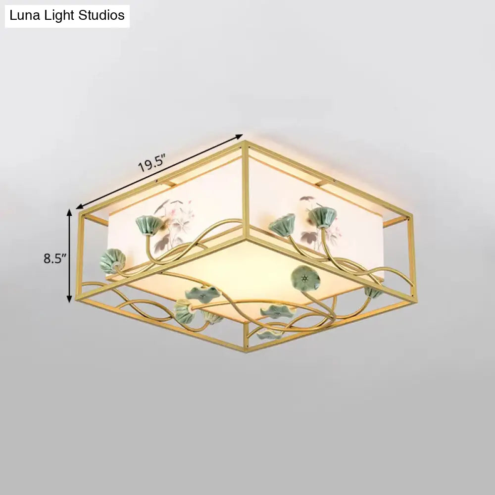 Traditional Square Fabric Flush Mount Lighting - 19.5"/23.5" Wide, 5 Lights - Bedroom Ceiling Fixture in White