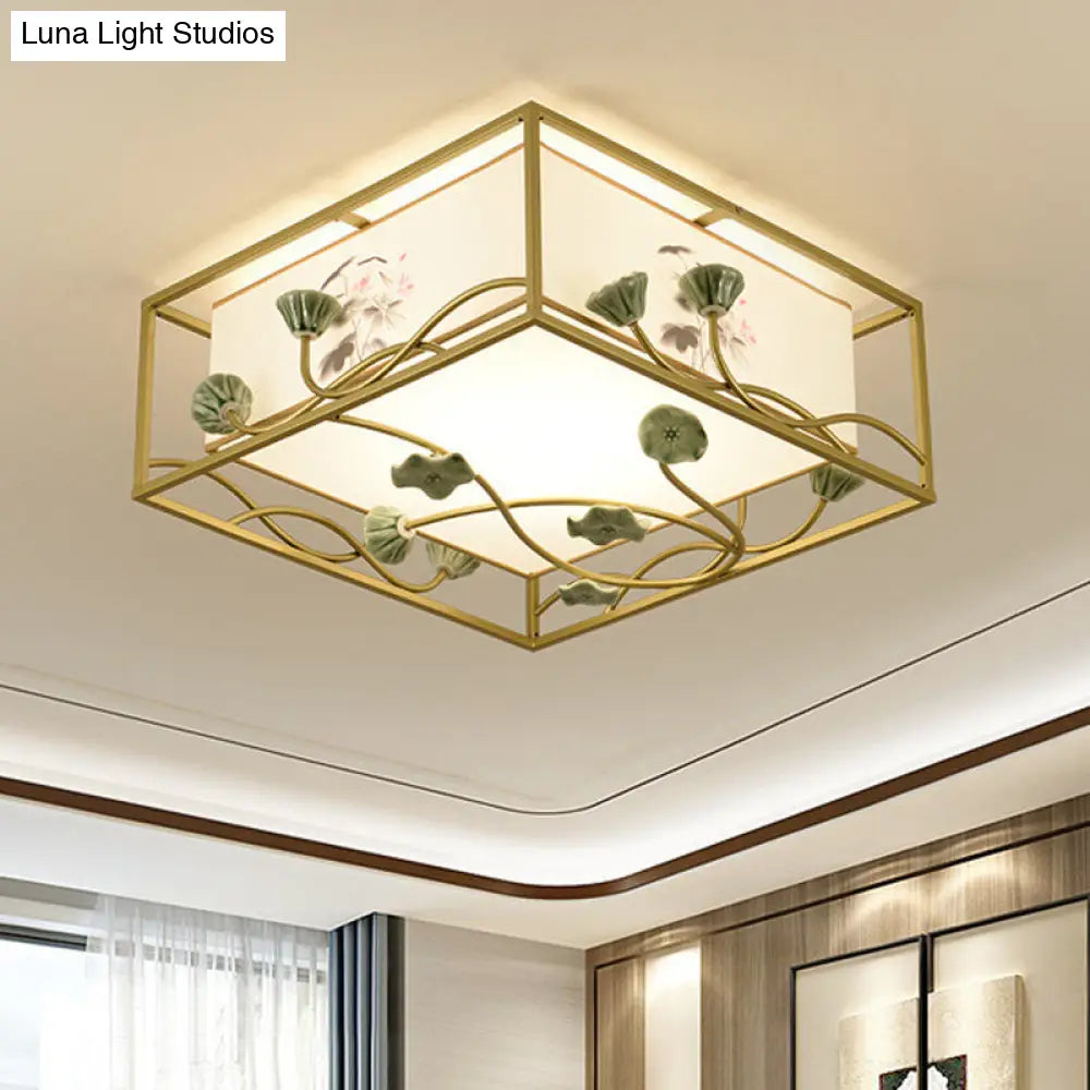 Traditional Square Fabric Flush Mount Lighting - 19.5"/23.5" Wide, 5 Lights - Bedroom Ceiling Fixture in White