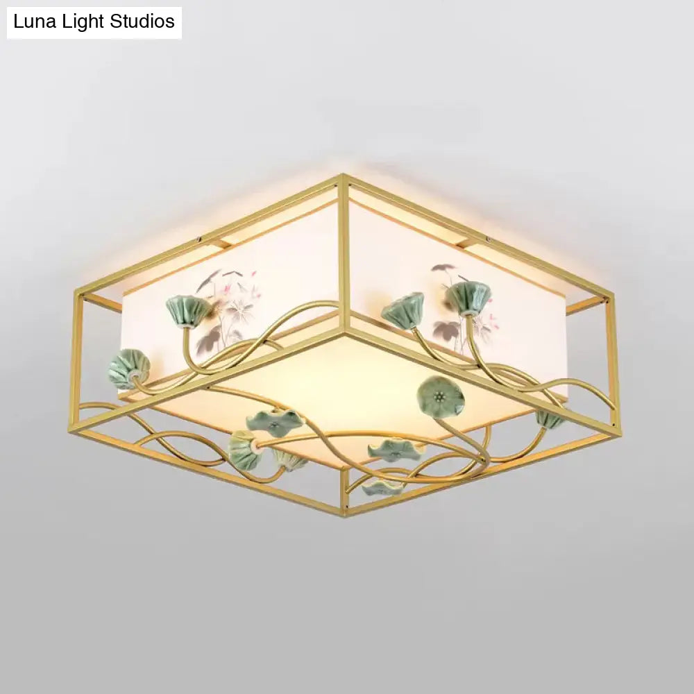 Traditional Square Fabric Flush Mount Lighting - 19.5"/23.5" Wide, 5 Lights - Bedroom Ceiling Fixture in White