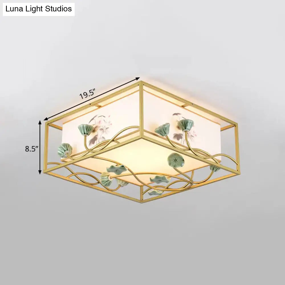 Traditional Square Fabric Flush Mount Lighting - 19.5"/23.5" Wide, 5 Lights - Bedroom Ceiling Fixture in White