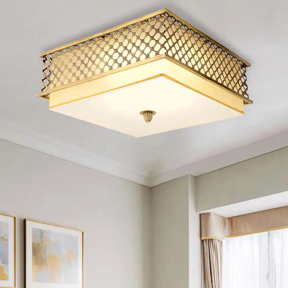 Traditional Square Metal Flushmount Lighting in Brass for Bedroom - 5 Lights, 16"/19.5" Wide