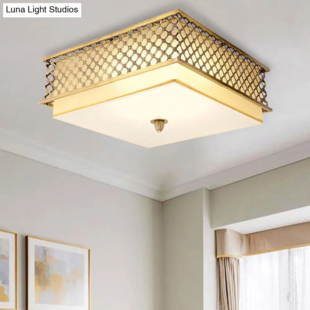 Traditional Square Metal Flushmount Lighting in Brass for Bedroom - 5 Lights, 16"/19.5" Wide
