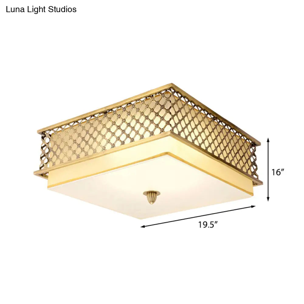 Traditional Square Metal Flushmount Lighting in Brass for Bedroom - 5 Lights, 16"/19.5" Wide
