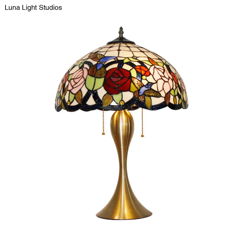 Traditional Stained Glass Dome Nightstand Lamp with 3 Heads, Brass Pull Chain, Floral and Bird Pattern