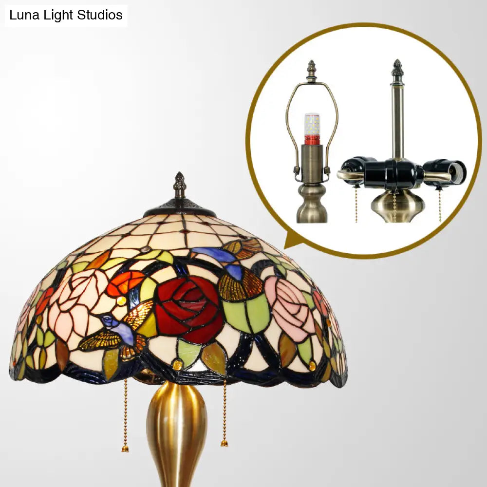 Traditional Stained Glass Dome Nightstand Lamp with 3 Heads, Brass Pull Chain, Floral and Bird Pattern