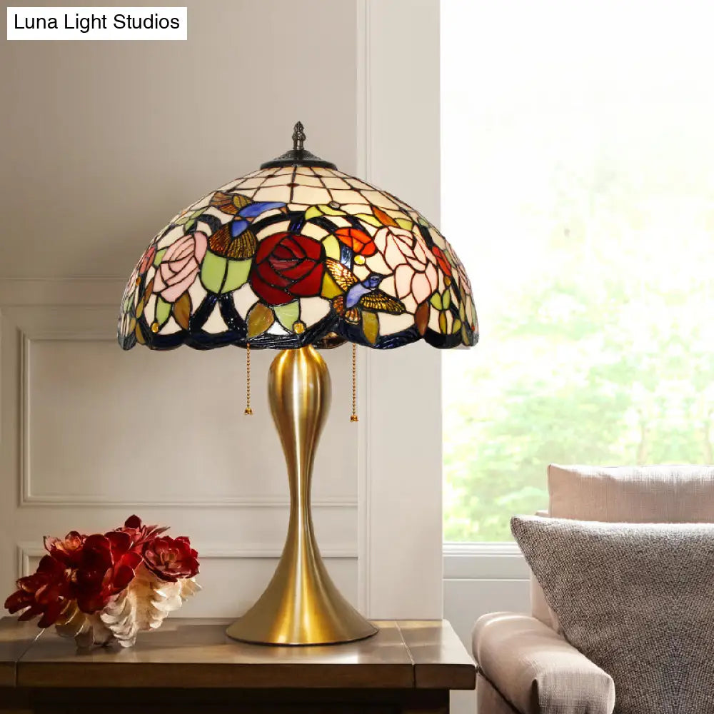 Traditional Stained Glass Dome Nightstand Lamp with 3 Heads, Brass Pull Chain, Floral and Bird Pattern