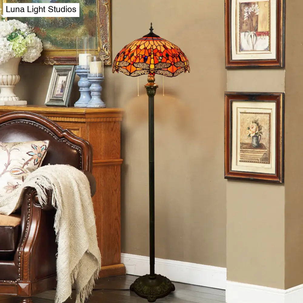 Traditional Stained Glass Dragonfly Standing Lamp with 2 Bulbs and Pull Chain - Floor Light in Orange
