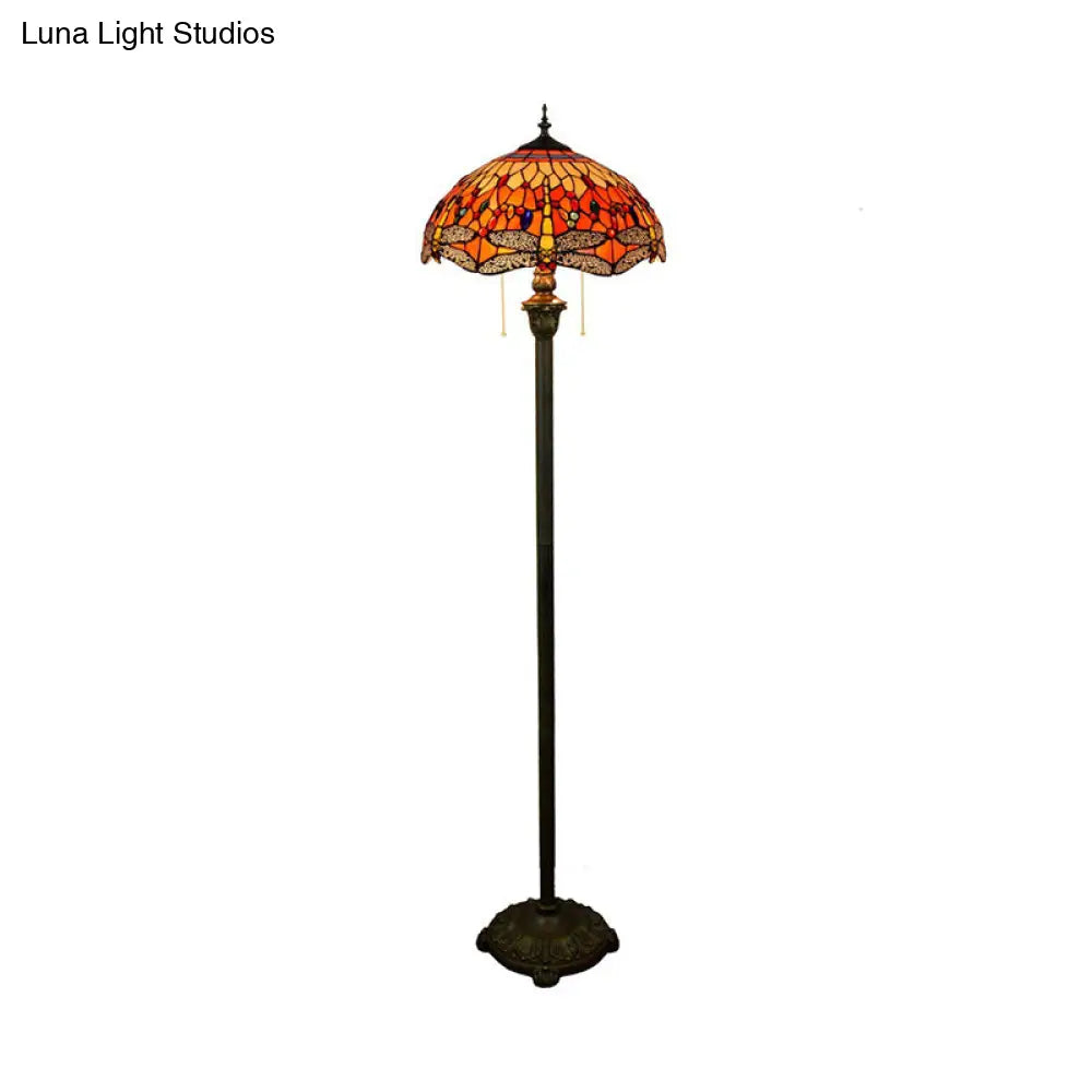 Traditional Stained Glass Dragonfly Standing Lamp with 2 Bulbs and Pull Chain - Floor Light in Orange