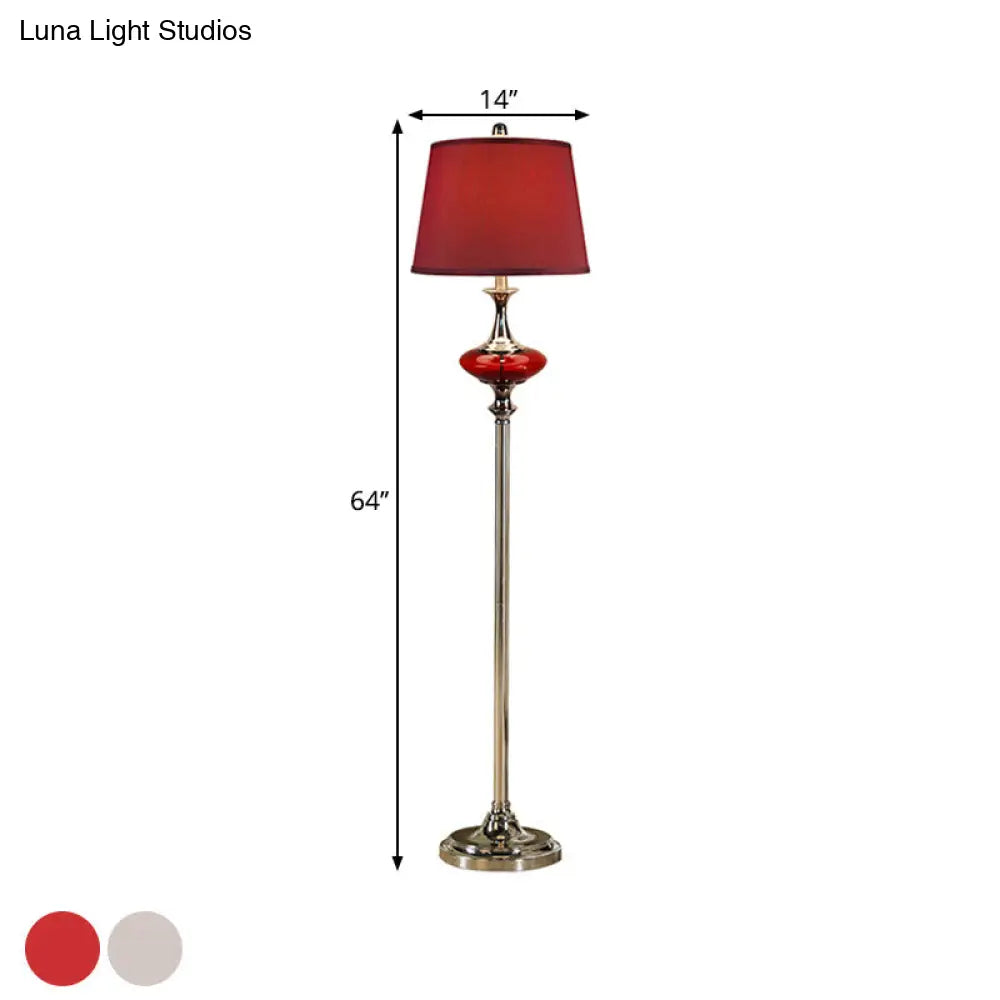 Traditional Style Conical Shade Floor Lamp, White/Red Fabric, 1 Head, for Guest Room