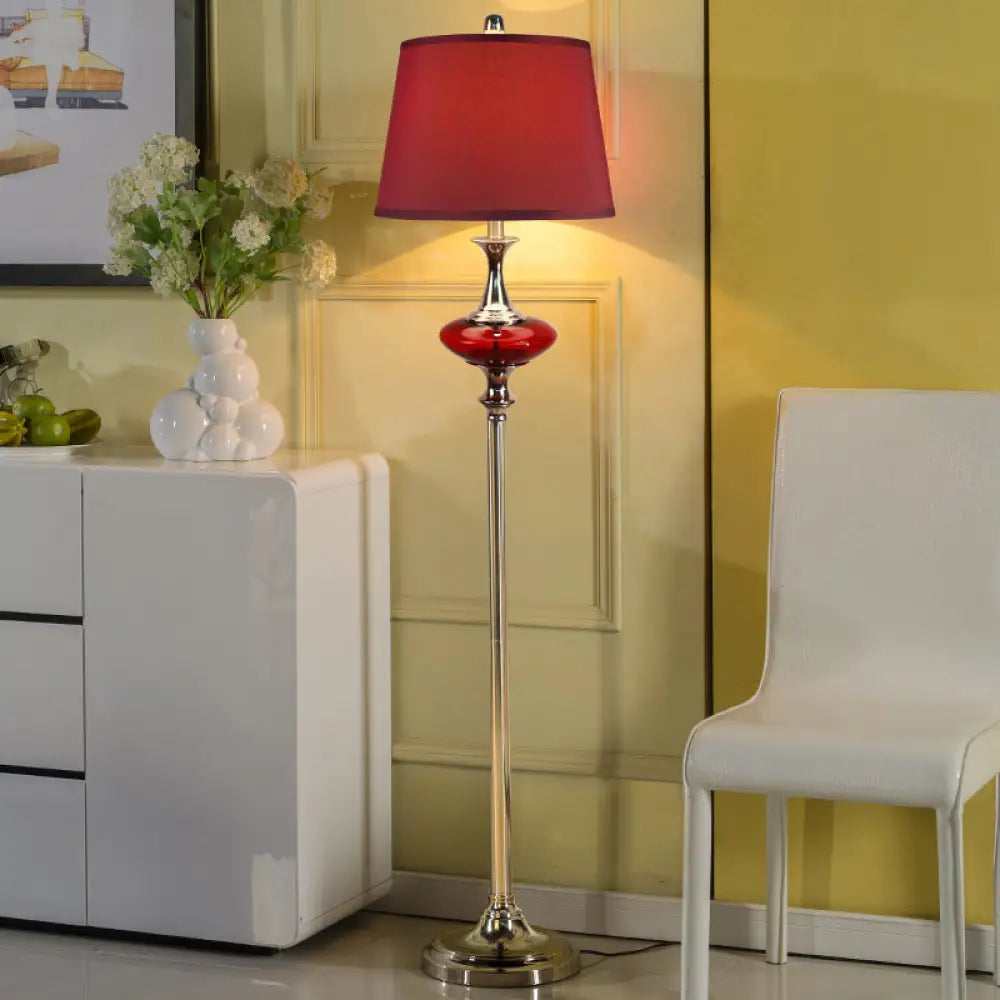Traditional Style Conical Shade Floor Lamp, White/Red Fabric, 1 Head, for Guest Room