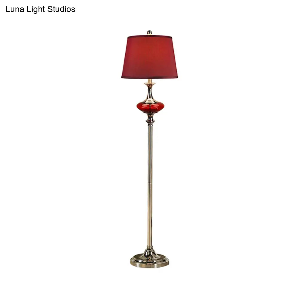 Traditional Style Conical Shade Floor Lamp, White/Red Fabric, 1 Head, for Guest Room