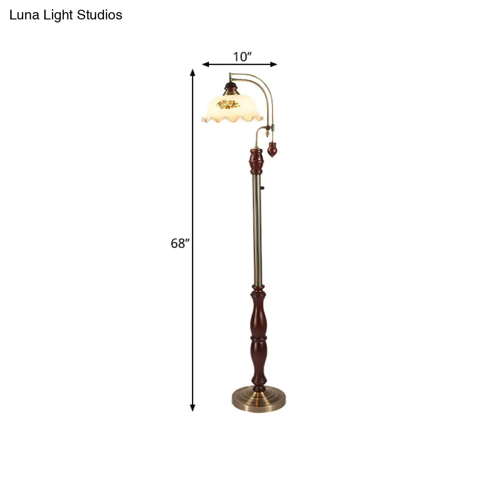 Traditional Style Cream Glass Floral Shade Floor Lamp with Wood Base in Brown