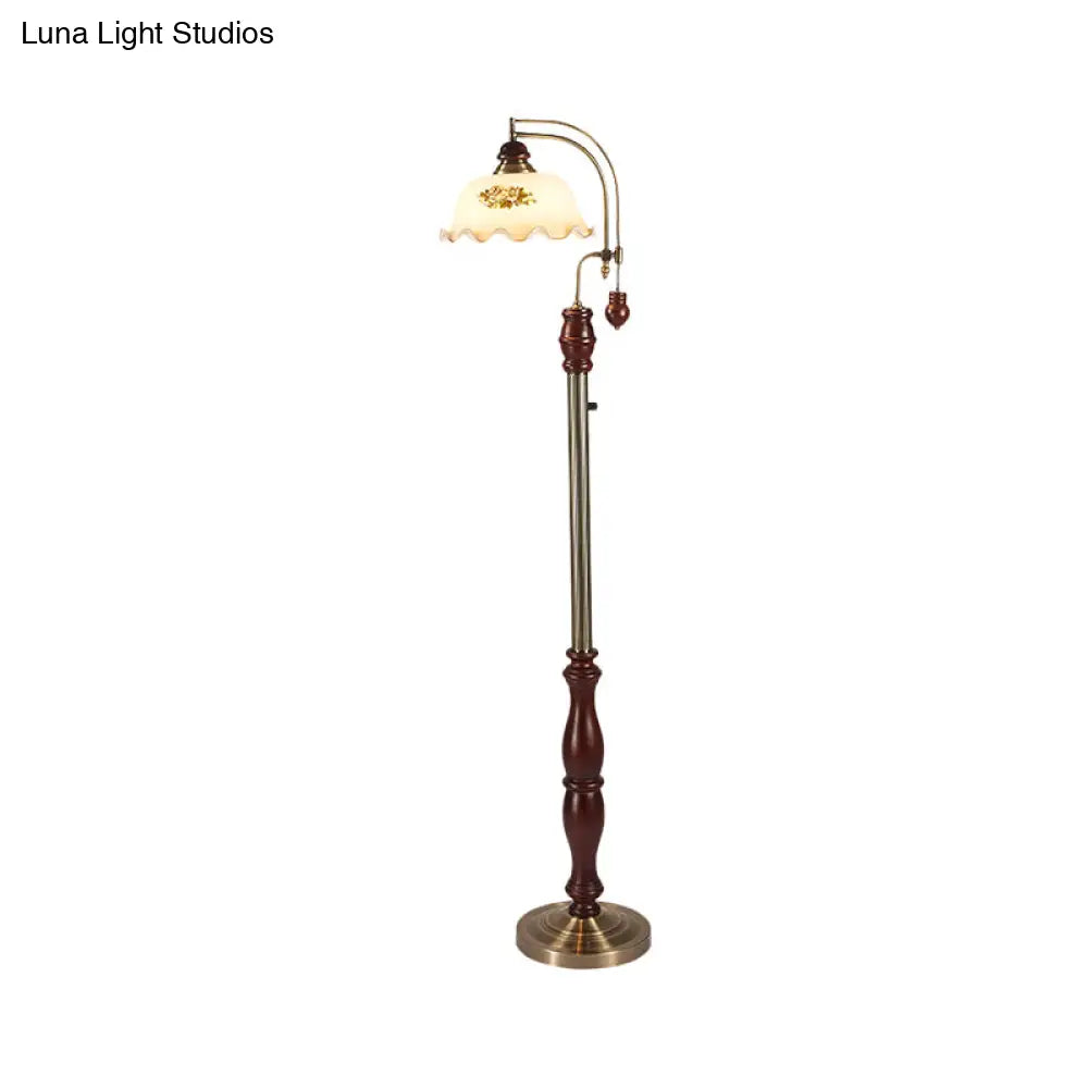 Traditional Style Cream Glass Floral Shade Floor Lamp with Wood Base in Brown