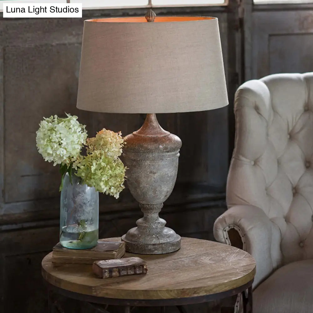 Traditional Style Distressed White Fabric Night Lamp with Font Base – 1-Bulb Drum Table Lighting