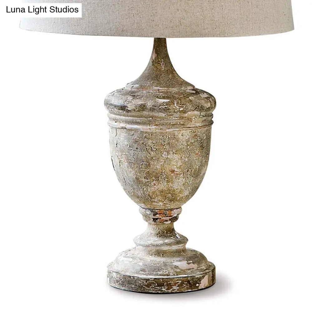 Traditional Style Distressed White Fabric Night Lamp with Font Base – 1-Bulb Drum Table Lighting