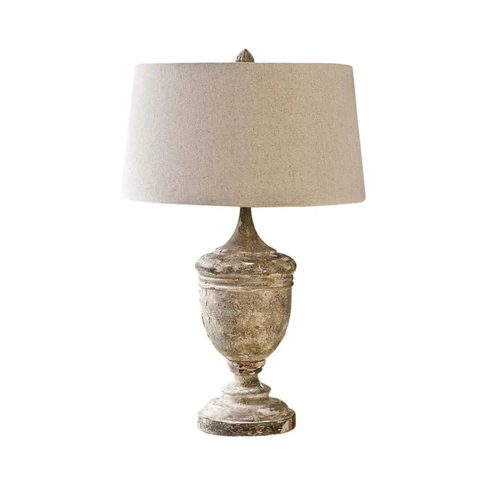 Traditional Style Distressed White Fabric Night Lamp with Font Base – 1-Bulb Drum Table Lighting