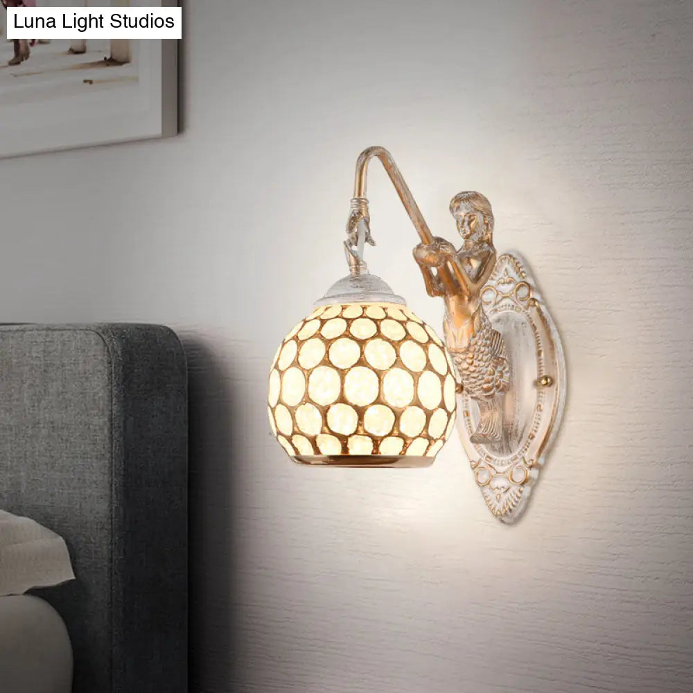 Traditional Style Metal Wall Sconce Light with Resin Mermaid Backplate, Sphere Design for Bedroom Wall Lighting