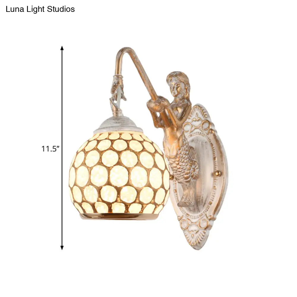 Traditional Style Metal Wall Sconce Light with Resin Mermaid Backplate, Sphere Design for Bedroom Wall Lighting