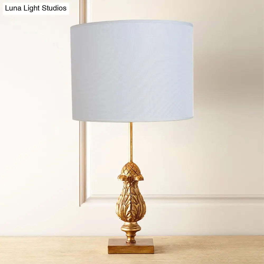 Traditional Style Wooden Desk Lamp with Gold Carvings, Fabric Shade - Guest Room Nightstand Light