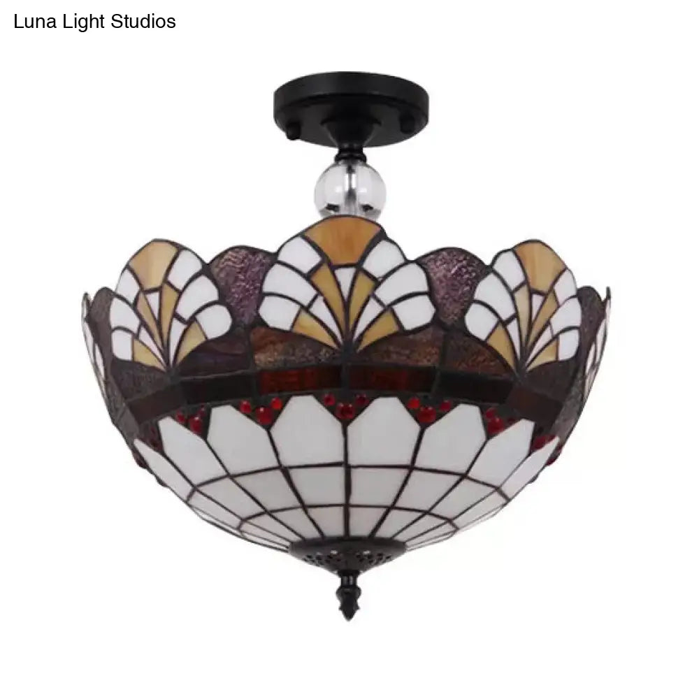Traditional Tiffany Stained Glass Ceiling Lamp - Scalloped Semi Flush, 12" or 16" - Bronze Finish with Leaf, Victorian, and Circle Pattern - Ideal for Foyer