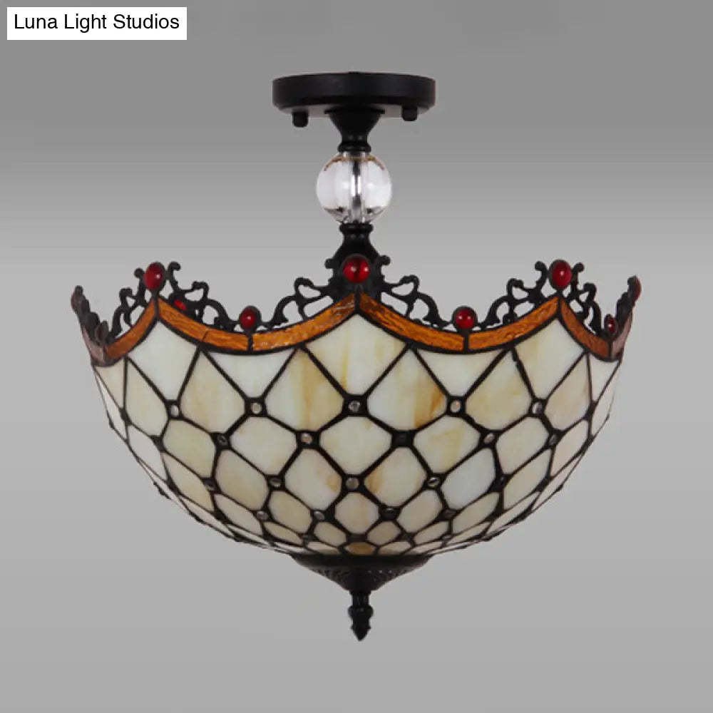 Traditional Tiffany Stained Glass Ceiling Lamp - Scalloped Semi Flush, 12" or 16" - Bronze Finish with Leaf, Victorian, and Circle Pattern - Ideal for Foyer