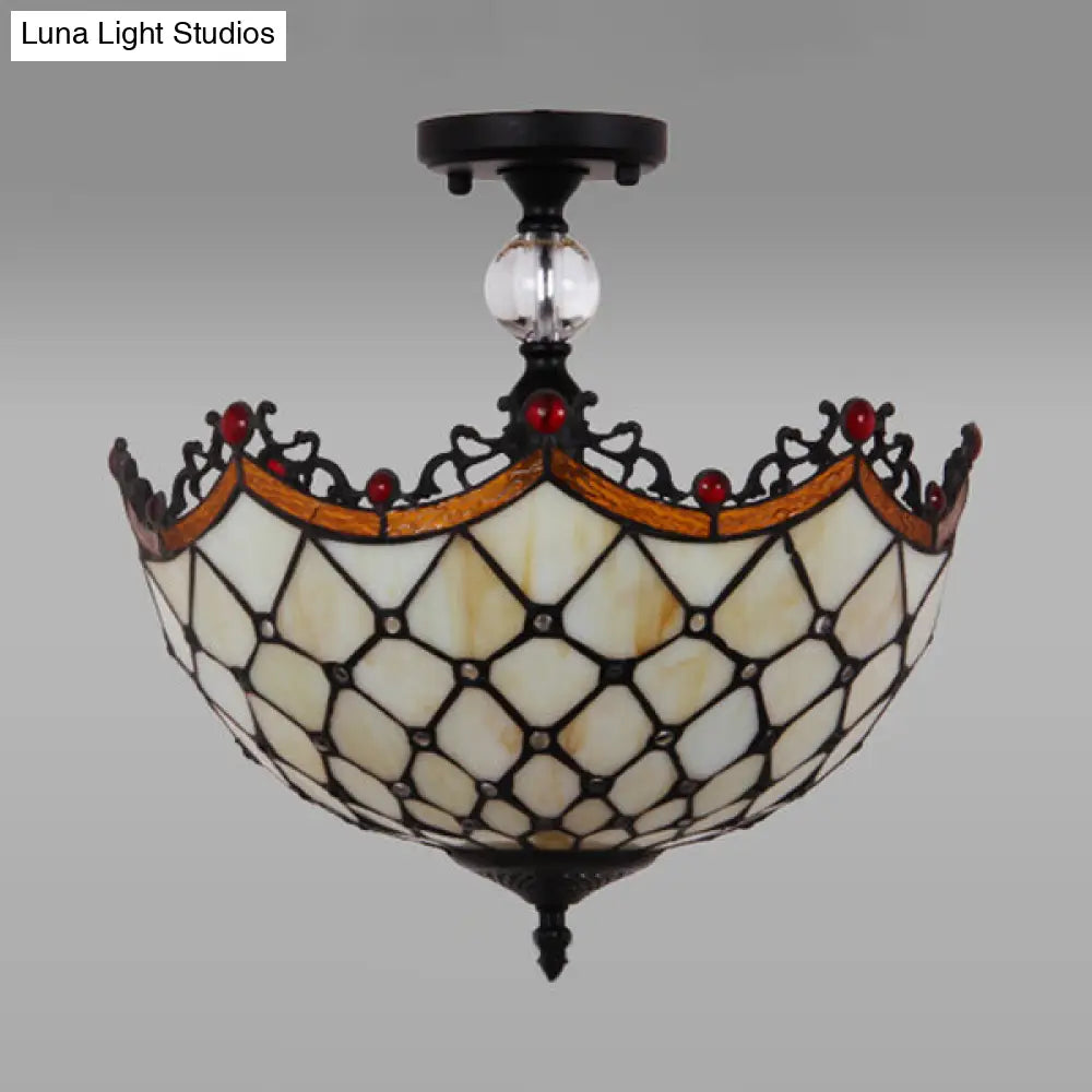 Traditional Tiffany Stained Glass Ceiling Lamp - Scalloped Semi Flush, 12" or 16" - Bronze Finish with Leaf, Victorian, and Circle Pattern - Ideal for Foyer