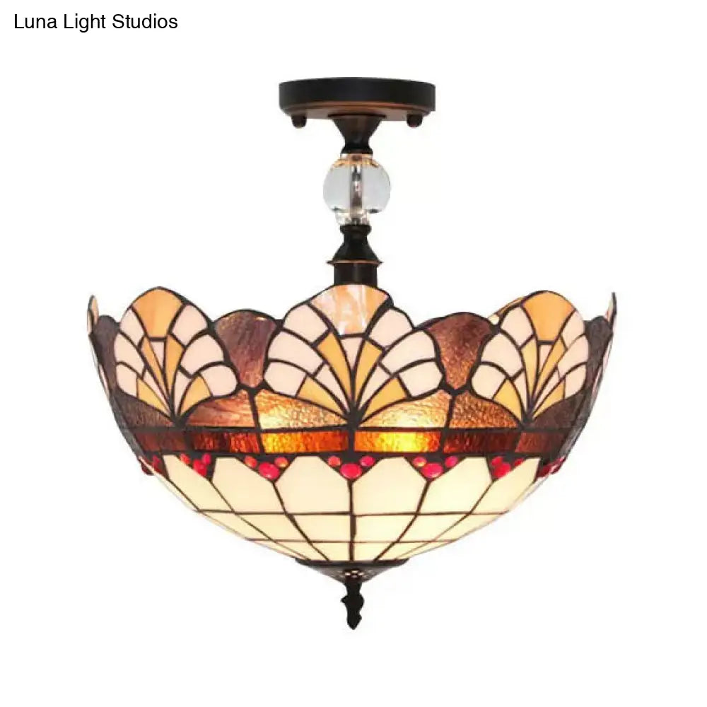 Traditional Tiffany Stained Glass Ceiling Lamp - Scalloped Semi Flush, 12" or 16" - Bronze Finish with Leaf, Victorian, and Circle Pattern - Ideal for Foyer