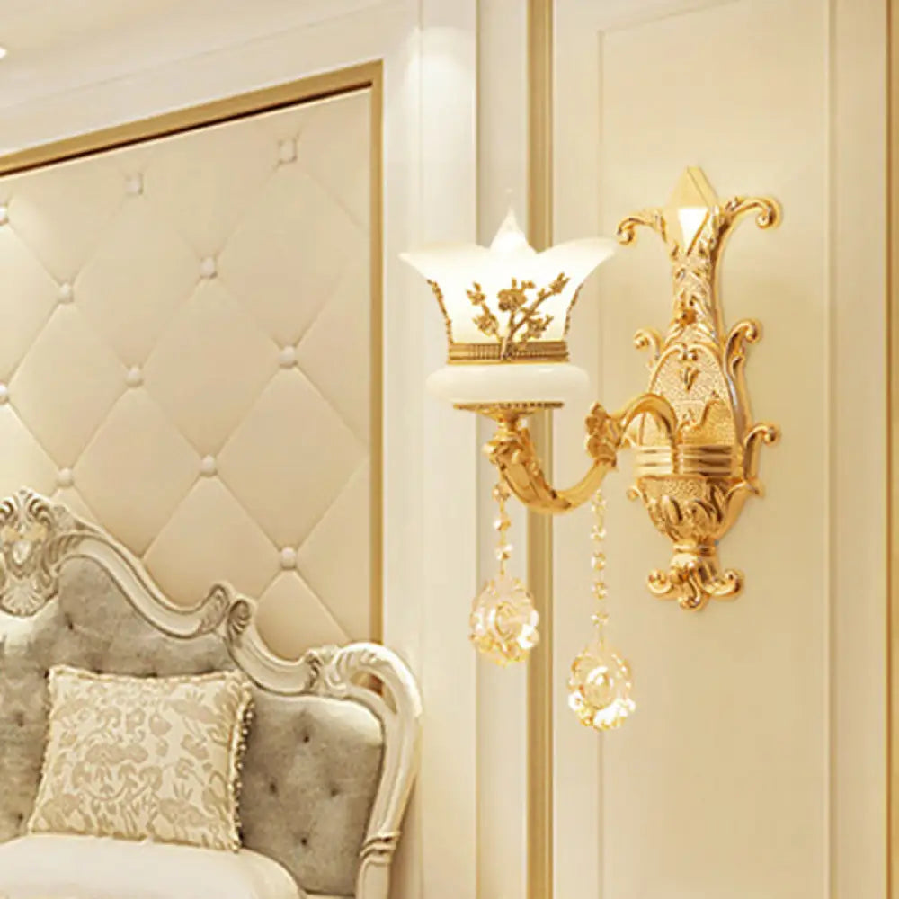 Traditional Wall Light Fixture with Imitation Jade Gold Design and Crystal Draping