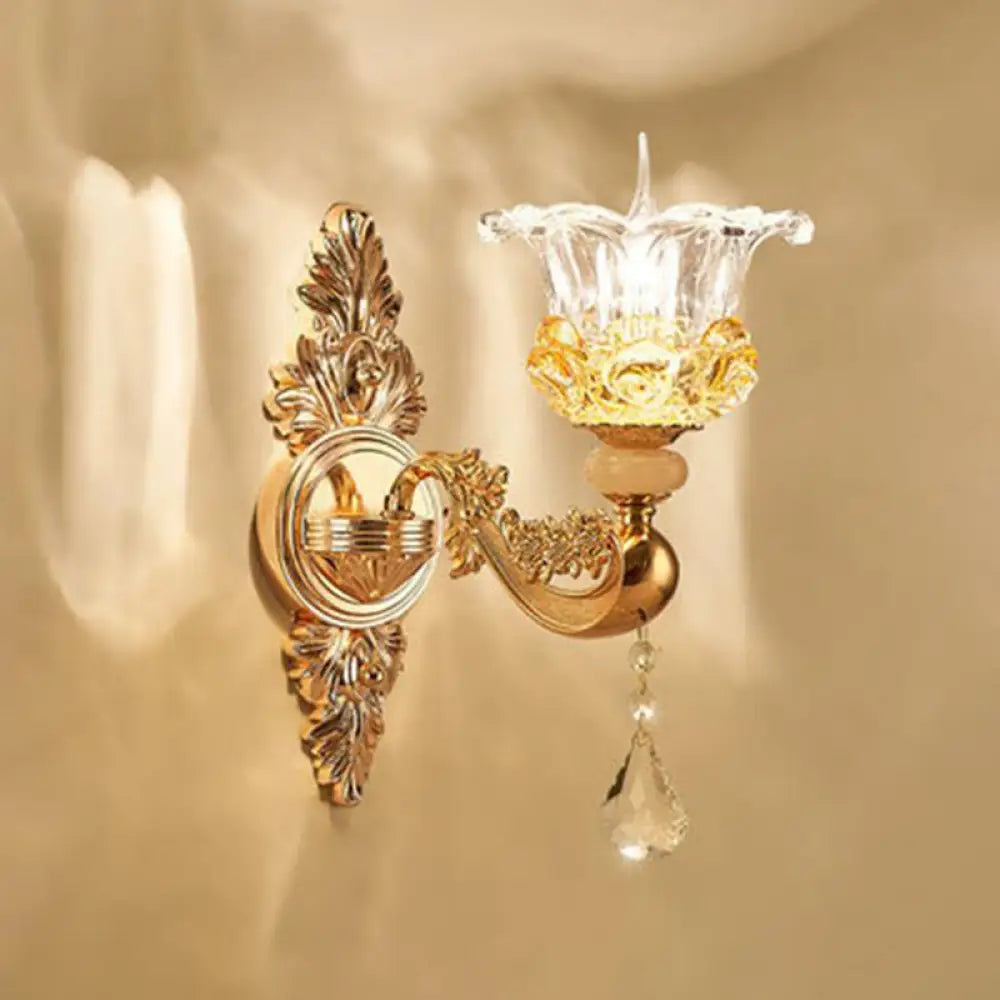 Traditional Wall Light Fixture with Imitation Jade Gold Design and Crystal Draping