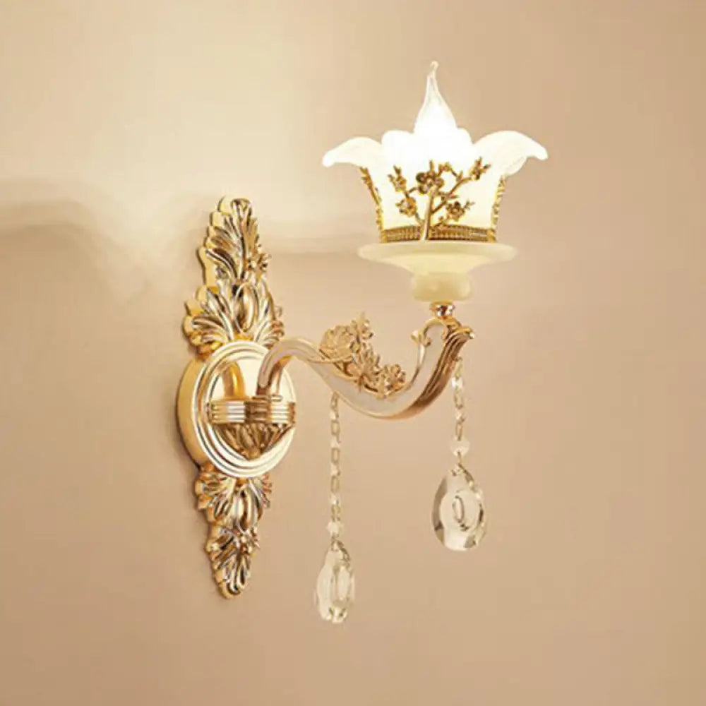 Traditional Wall Light Fixture with Imitation Jade Gold Design and Crystal Draping