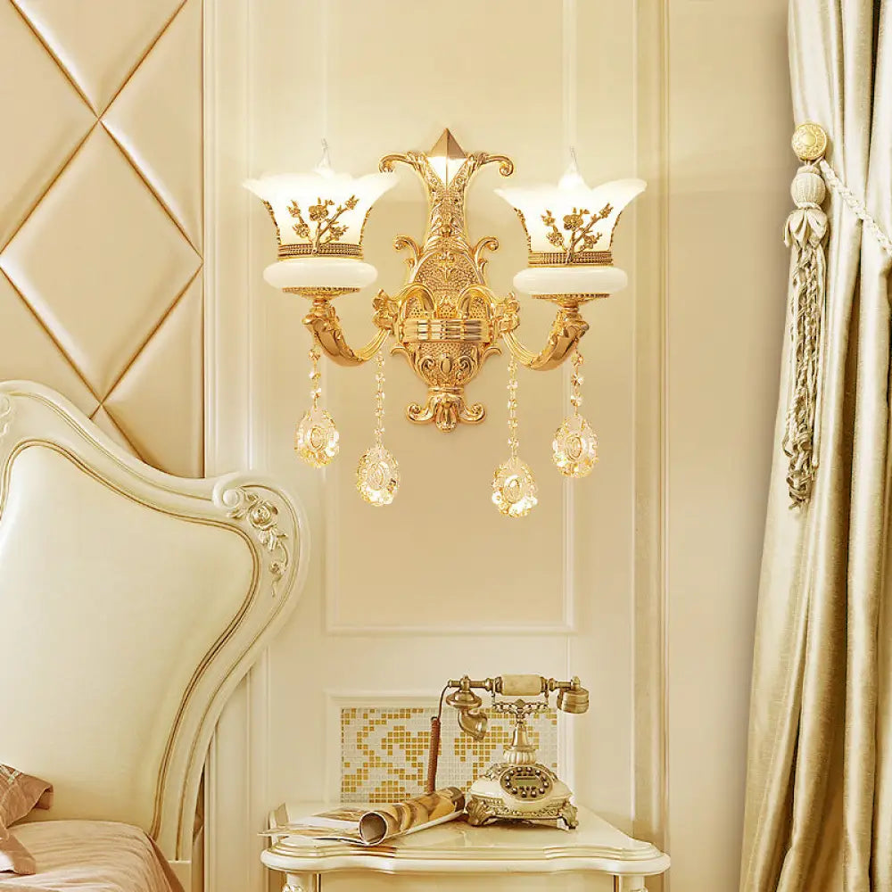 Traditional Wall Light Fixture with Imitation Jade Gold Design and Crystal Draping