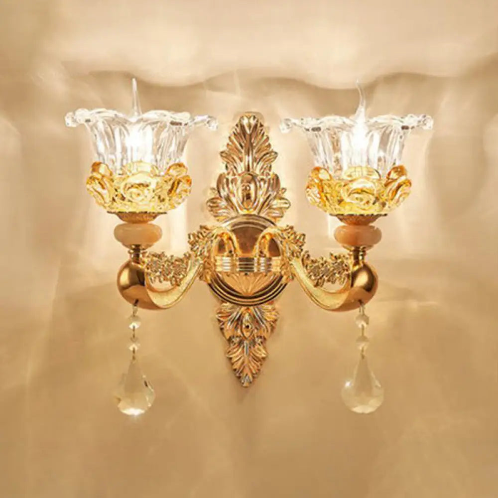 Traditional Wall Light Fixture with Imitation Jade Gold Design and Crystal Draping