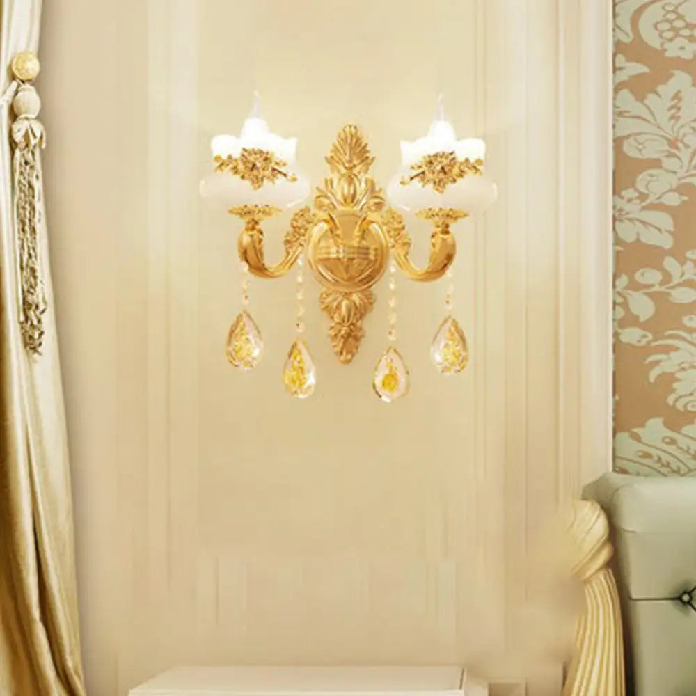 Traditional Wall Light Fixture with Imitation Jade Gold Design and Crystal Draping
