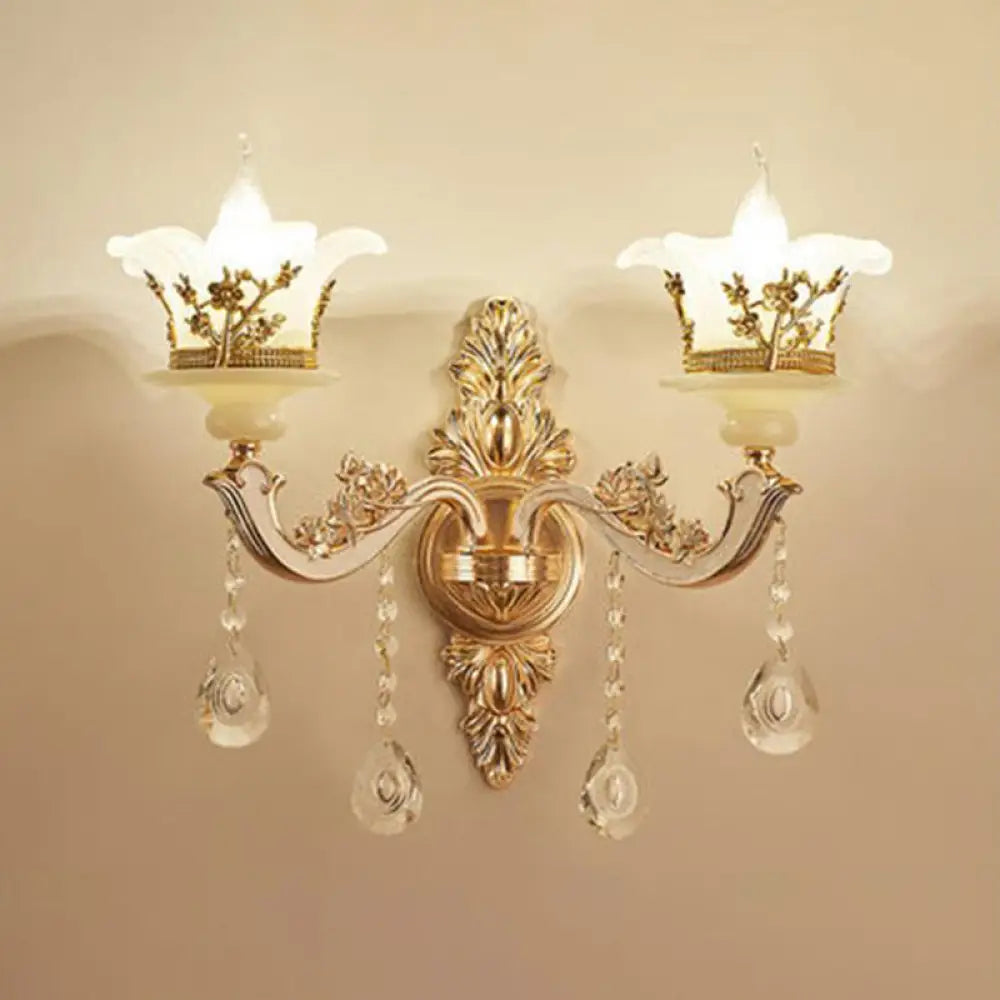 Traditional Wall Light Fixture with Imitation Jade Gold Design and Crystal Draping